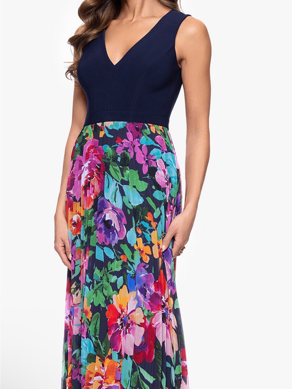 Xscape Navy V-Neck Maxi Dress with Multicolor Floral Skirt